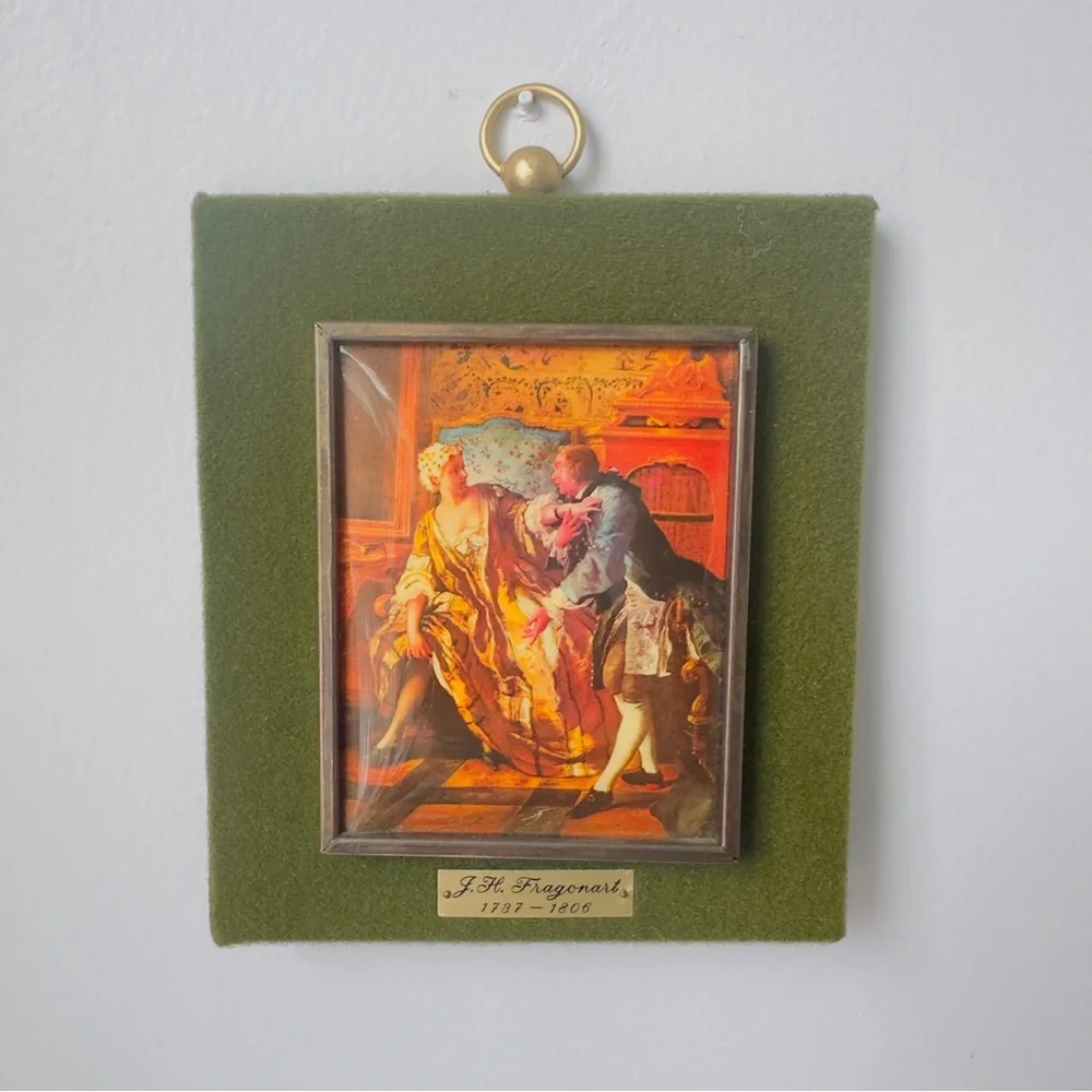 Vintage Framed Velvet Print Cameo 60-70's The Garter 5x6.5 See Story Description